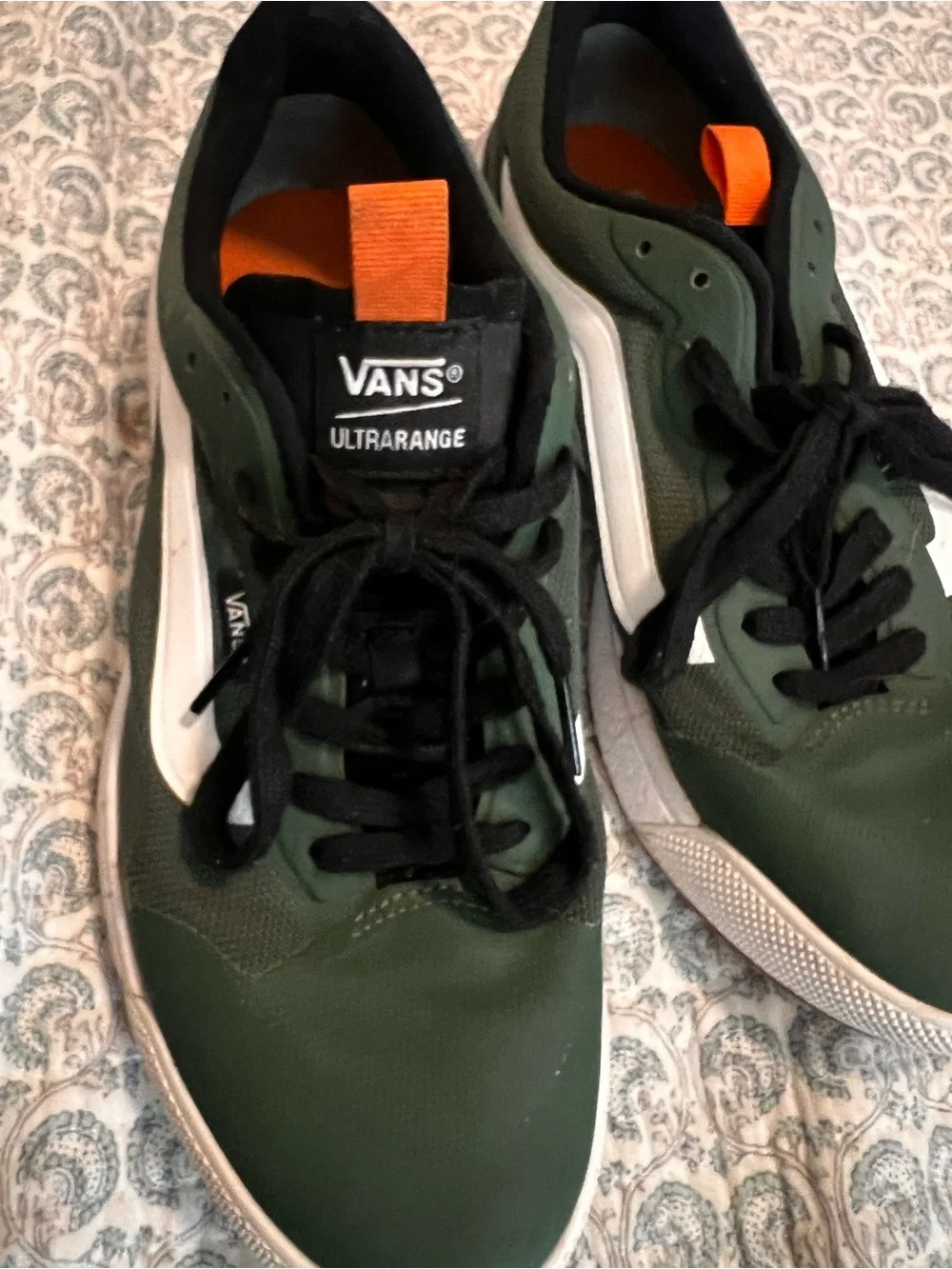 Vans Olive Green Low-Top Sneakers with White Side Stripe and Orange Accents